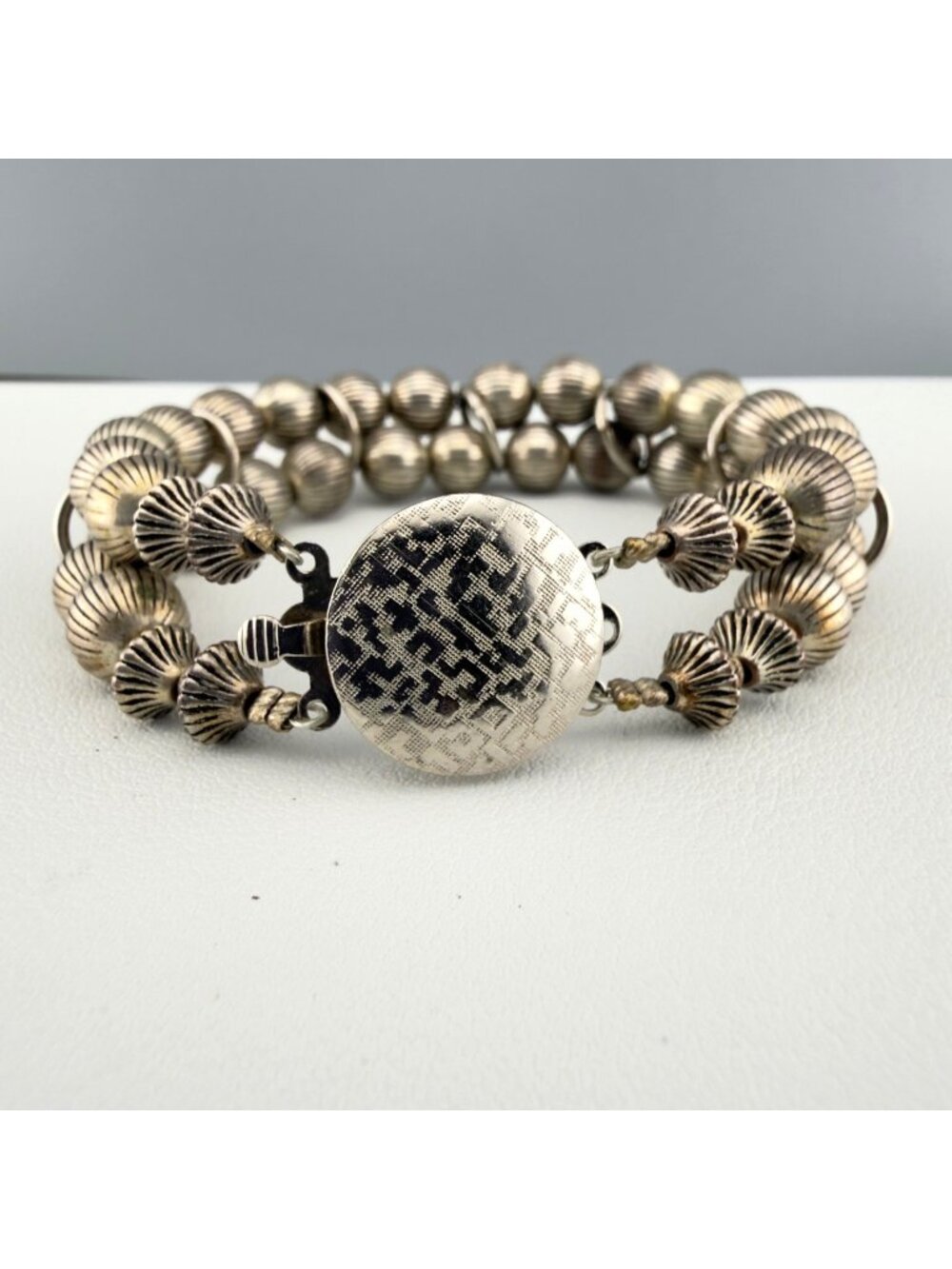 Vintage Beaded Bracelet Silver Tone Double Strand Textured 7"